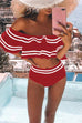 KD Off Shoulder Stripe Ruffle Bathing Suit