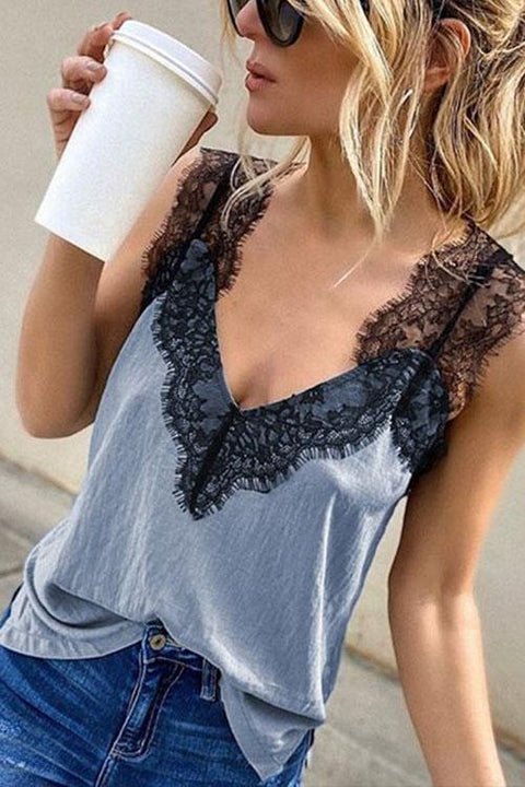 Karleedress V Neck Lace Splice Tank Tops