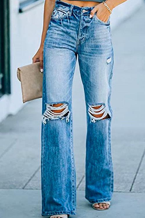 Karleedress Wide Leg Distressed Ripped Denim Pants