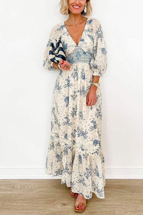 Deep V Neck Empire Waist Printed Ruffle Maxi Dress