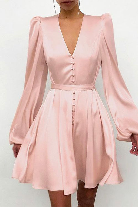 Karleedress V Neck Puff Sleeve Buttons Waisted Satin Dress