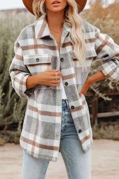 Karleedress Button Down Side Split Pockets Plaids Coat