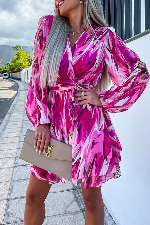 Karleedress Wrap V Neck Waisted Ruffle Layered Printed Dress